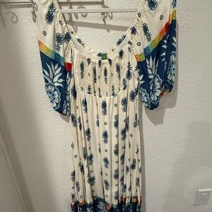 FARM Rio Blue Cream Puff Sleeve Sundress